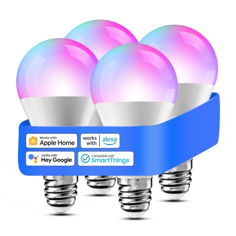 Lot de 4 ampoules LED connectées E27 WiFi compatibles avec Apple HomeKit, Alexa et Google Home. Ampoule intelligente RGBWW, dimmable avec commande vocale et contrôle à distance.