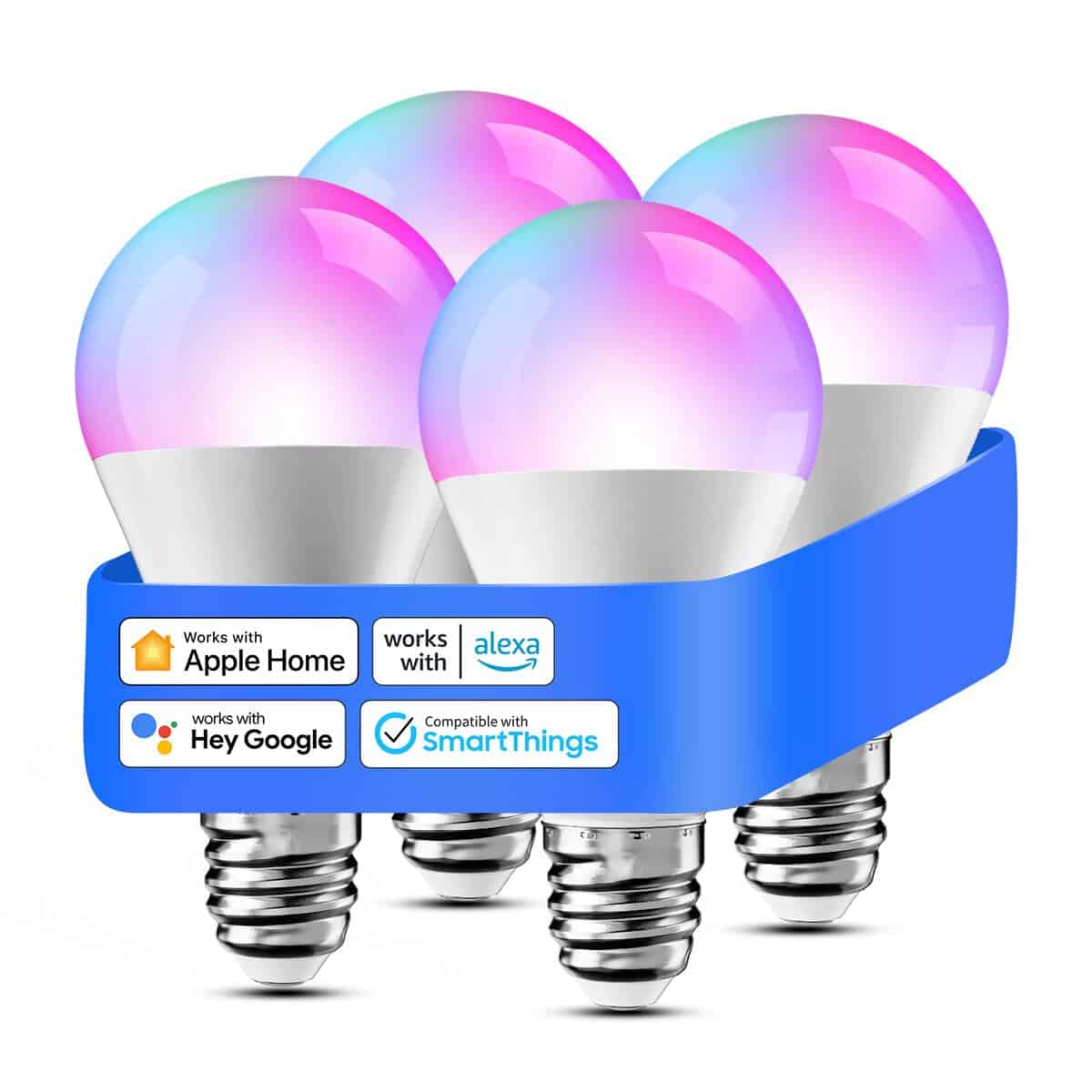 Ampoule LED Connectée, Lot de 4 Ampoule E27 WiFi Compatible avec Apple HomeKit, Alexa et Google Home, RGBWW Ampoule Intelligente Multicouleur Dimmable avec Commande Vocale et Contrôle à Distance