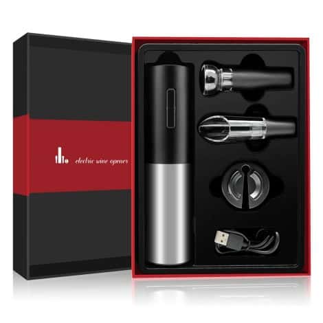 Tire-bouchon électrique Flauno avec coupe-capsule, aérateur et bouchon à vin. Coffret cadeau rechargeable.