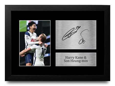 Cadeau autographié, encadré, avec une photo de H. Kane & S. Heung-min des Tottenham Hotspurs.