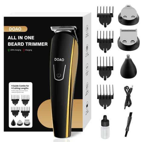 Tondeuse à barbe et cheveux DOAO pour hommes, 4 peignes inclus, lames en acier inoxydable, longue autonomie (100 minutes), couleur dorée.