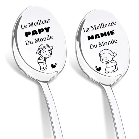 Ensemble de cuillères en acier inoxydable gravées “Meilleure Mamie et Papy du Monde” – Cadeau pour Papi et Mamie.