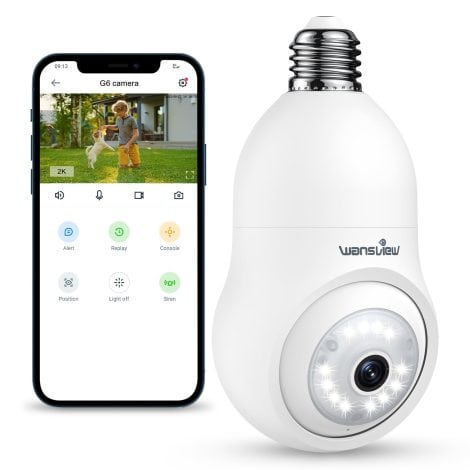 Wansview Ampoule Caméra WiFi Extérieure 2k, Intérieure IP Étanche avec suivi humain, vision nocturne, audio bidirectionnel, compatible Alexa & Google, G6.