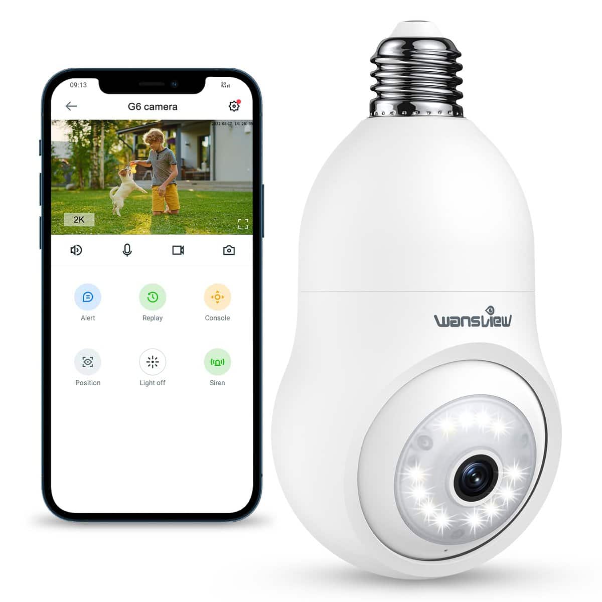 Wansview Ampoule Camera Surveillance WiFi Exterieure sans Fil - 2k Caméra Intérieure IP Étanche, Suivi Humain, Vision Nocturne Couleur, Audio Bidirectionnel, Compatible avec Alexa & Google, G6