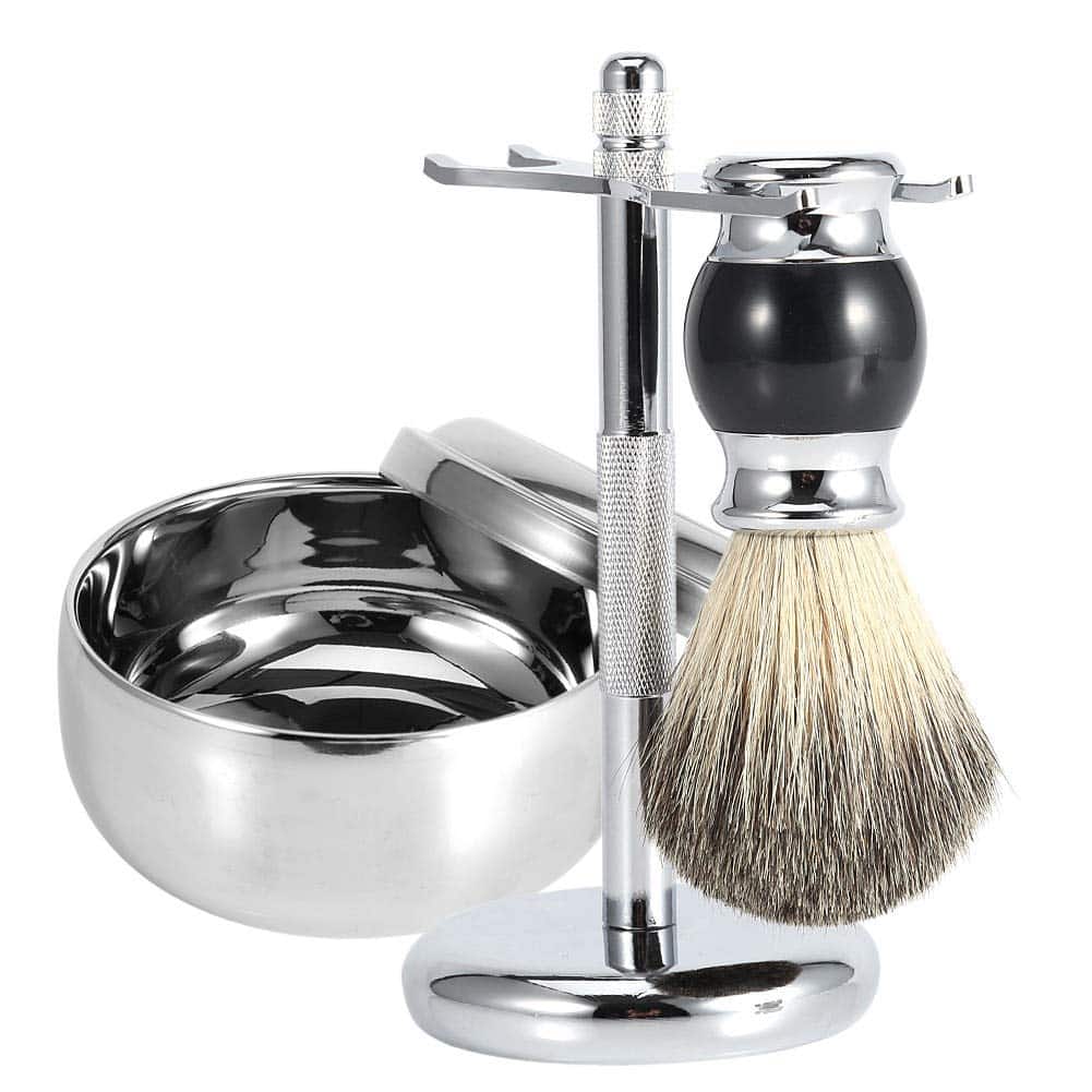 Kit de rasage professionnel pour hommes avec support de rasage pour barbe + brosse à cheveux en faux blaireau + kit bol en alliage de savon, soin de moustache, étui de transport pour homme