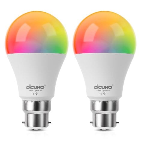 Lot de 2 ampoules LED connectées DiCUNO, compatibles Alexa et Google Home, sans hub requis.