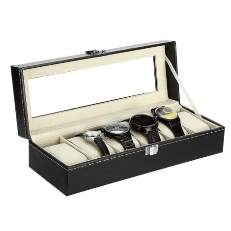 Boîte de rangement pour montres Uten avec 6 fentes, en similicuir noir, pour collectionneur de montres.