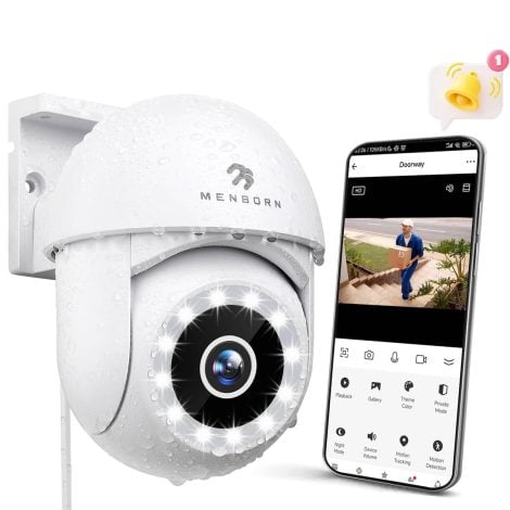 Caméra de surveillance WiFi extérieure 2K avec vision nocturne, audio bidirectionnel, sirène, détection humaine, compatible Alexa.