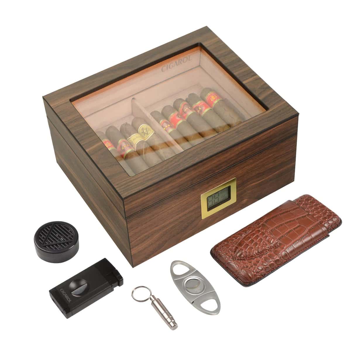 Volenx Boîte à Cigare, Humidor Cigare Artisanale avec Briquet, Coupe-Cigare, Hygromètre et Humidificateur, Cave Cigare pour 50 Cigares, Cadeaux pour Hommes Humidor (Cigares Non Inclus)