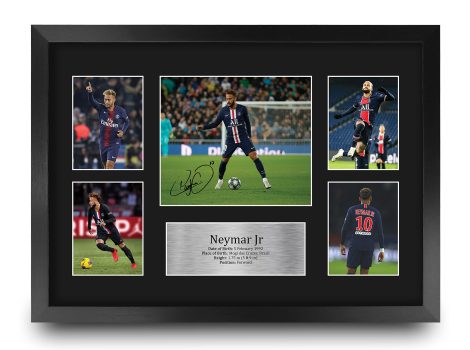 Encadrement A3 avec photo autographiée de Neymar Jr pour fans de football et supporters du PSG.