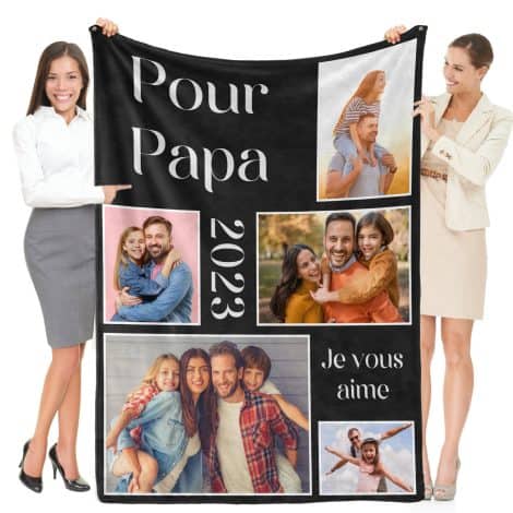 Couverture Grise Personnalisée avec Photo et Texte, Plaid Personnalisé pour Papa, Idée Cadeau Anniversaire Homme.