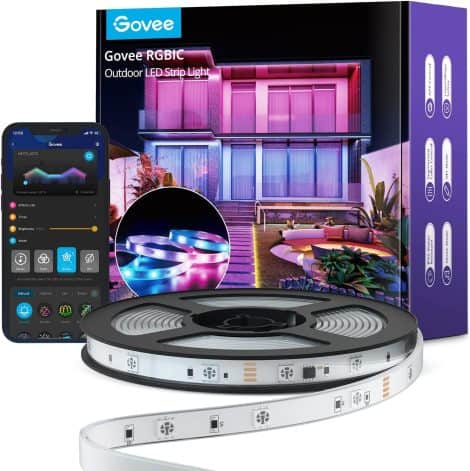 Bandeau LED extérieur Govee de 10 mètres, imperméable IP65, multicolore RGBIC, contrôle via application, idéal pour avant-toit, balcon, jardin, piscine.