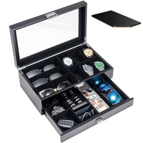 Boîte de rangement de luxe pour homme avec deux niveaux, espace pour montres, lunettes et bijoux, couleur noir.