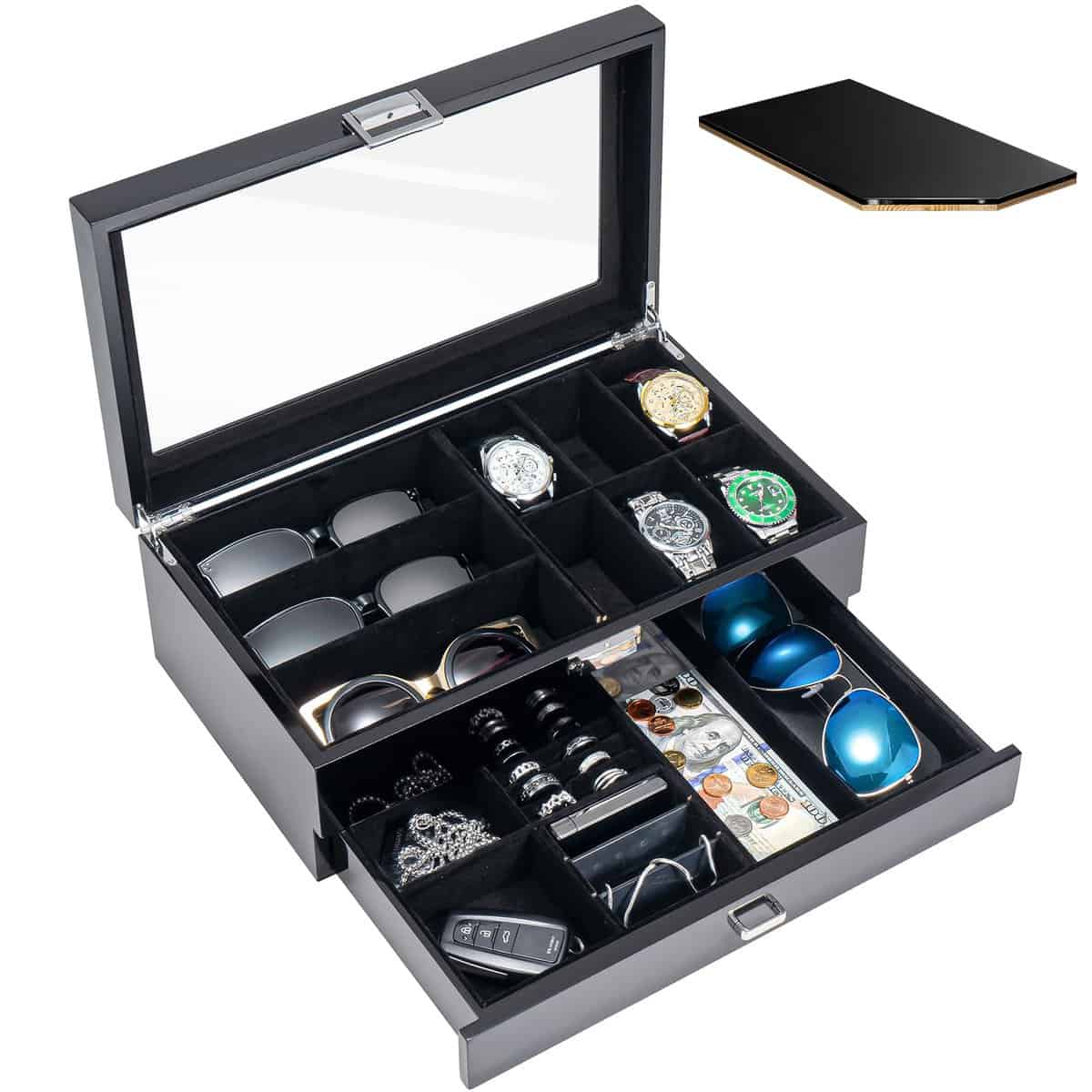 Procase Boite Bijoux Homme à 2 niveaux Luxueuse, 1ème Compartiment pour Range 6 Montres 3 Lunettes de Soleil, 2ème Compartiment pour de Petits Bijoux Objets, avec Couvercle en Verre -Noir