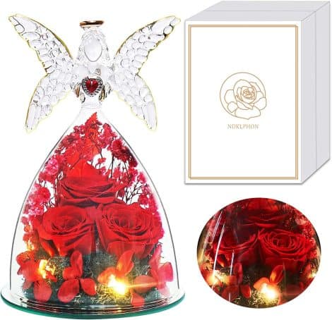 Rose éternelle préservée sous cloche avec ange gardien, cadeau pour femme, avec lumières LED, pour Noël, la Saint-Valentin et les anniversaires.