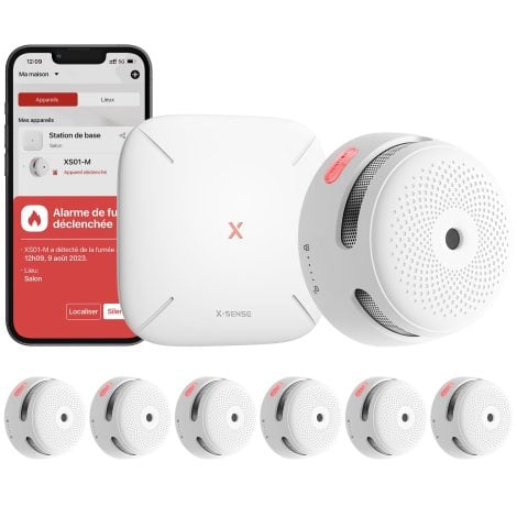 Détecteur de fumée Wi-Fi X-Sense, kit de sécurité pour maison avec station de base SBS50, alarme incendie sans fil certifiée TÜV et EN14604, compatible avec l’application X-Sense Home Security, FS61.