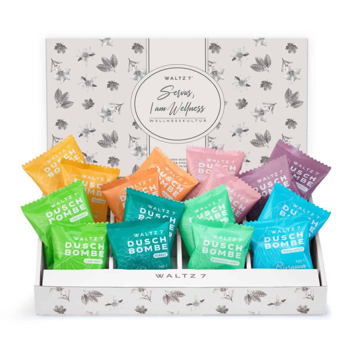 WALTZ 7 Set Bombes de Douche, 16 Sachet, 8 Senteurs, Aromatherapie, Calmant, Revigorant et Relaxant, Idee Cadeau Noel Homme, Femme, Maman, Papa, Grand Mere, Coffret Beaute, Idee Cadeau Noel
