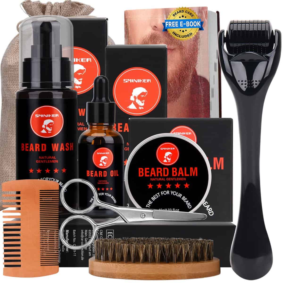 Kit Barbe Homme Pour barbe 10 en 1 Kit Soin Barbe Homme avec Huile à barbe, Pinceau à Barbe, Peigne à Barbe, Baume à Barbe, Shampoing, Peigne à Modeler et Ciseaux à Moustache