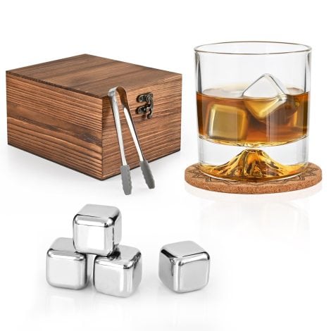 Coffret Pierre Whisky Cadeau Homme avec 4 Glaçons Réutilisables, Verre et Boîte en Bois – Idée Cadeau pour Papa.