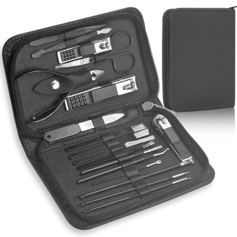 Kit de soin des ongles professionnels en acier inoxydable avec étui en cuir synthétique, noir.