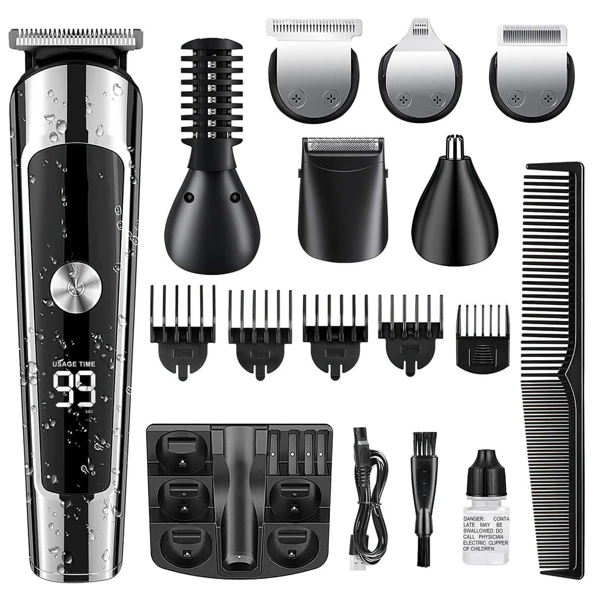 Tondeuse Cheveux Hommes Urbuti 6 en 1 kit de Toilettage Multifonctionnel, Tondeuse Barbe Tondeuse Corps Nez-Oreilles Rasoir électrique avec Écran LED, Étanche IPX6 et Chargement USB