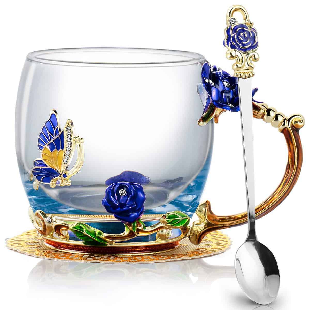 COCHIE Fait à La Main En émail Papillon Fleur En Verre Tasses à Café Tasse à Thé Avec Cuillère, Idee Cadeau Femme Collègue Epouse Maman Amie Maitresse Noel Anniversaire Saint Valentin