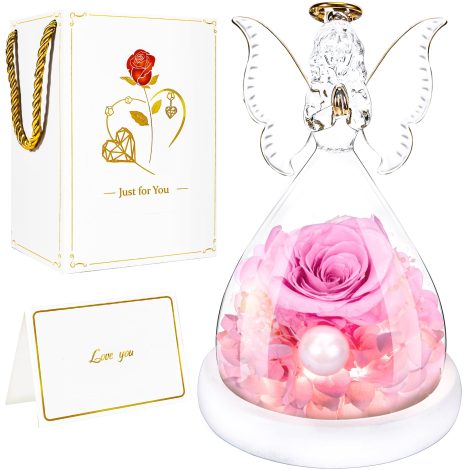 La Rose Éternelle BoriYa Ange – Rose préservée avec lampe LED et perles, véritable rose sous cloche en verre, cadeau romantique Saint Valentin pour femme, copine, maman.