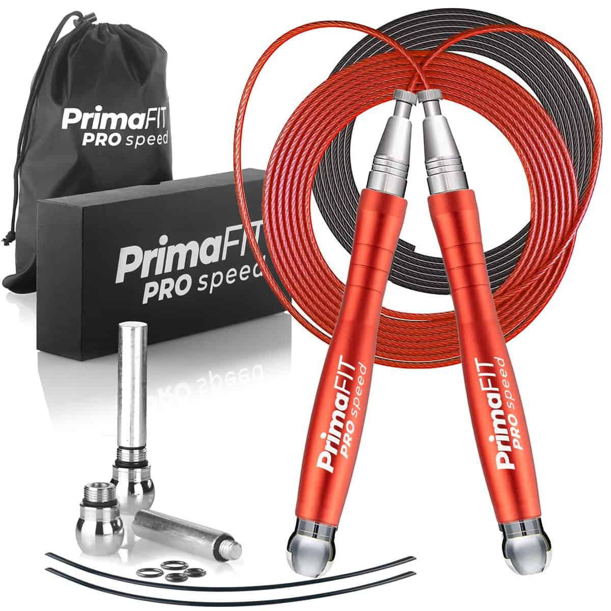 PrimaFit Pro Speed Corde à Sauter Crossfit Adulte Lestée Jump Rope pour Sport Homme y Femme, Fitness Musculation, Boxe, Aluminum, Réglable, Vitesse Roulements à Billes,2 Acier Câble de Rechange/Poids