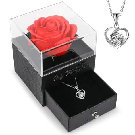 Rose éternelle sous cloche, idées cadeaux de Noël pour femme, collier et coffret cadeau pour différentes occasions.