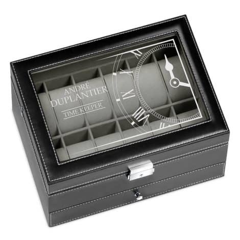 Boîte de Rangement en Cuir Noir avec Vitrine Personnalisable pour 12 Montres – Cadeau d’Anniversaire Homme.