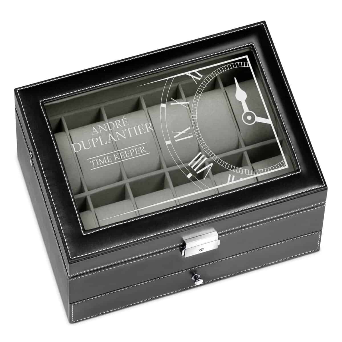 Maverton Boîte de Rangement avec Vitrine Gravée - Étui pour 12 Montres - Présentoir en Cuir noir à personnaliser - Cadeau d’anniversaire pour chaque homme - Horloge