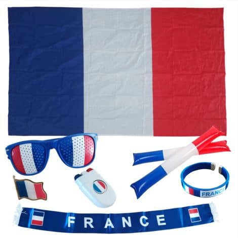 Kit de soutien BikaWay France avec 7 accessoires pour les événements sportifs, festivals et fêtes. Encouragez et soutenez les Bleus !