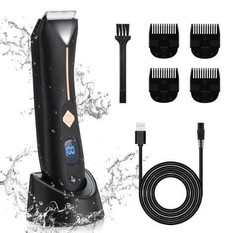 Tondeuse pour le corps d’homme, rechargeable, étanche avec lumière LED et station de charge. Idéal comme cadeau pour homme.