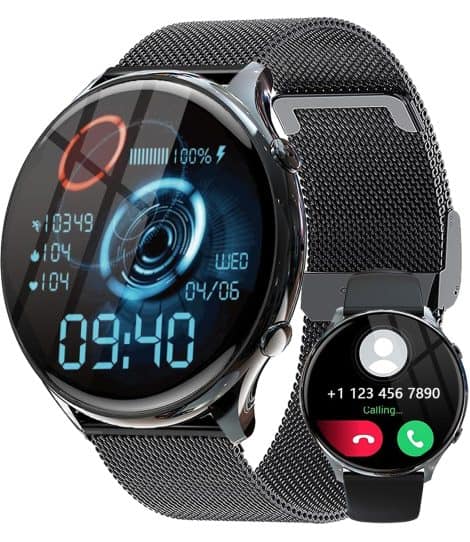 Montre intelligente pour hommes et femmes, avec appel Bluetooth, mesure de la fréquence cardiaque/tension artérielle/SpO2/podomètre/sommeil, compatible Android et iOS, en noir.