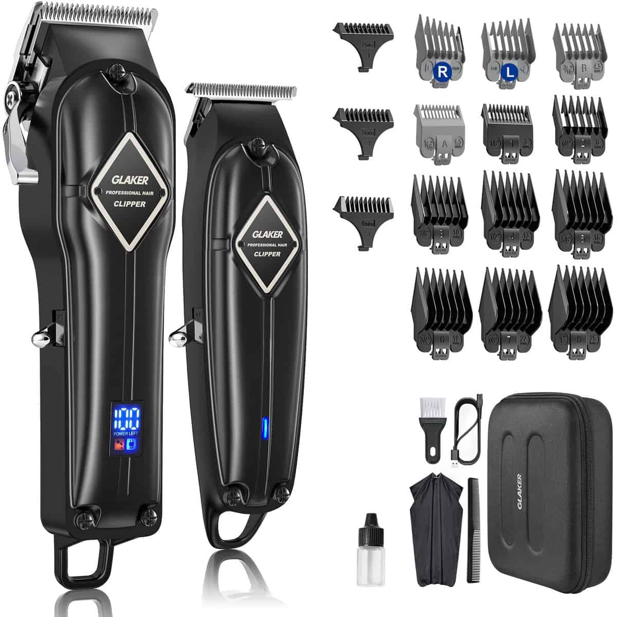 GLAKER Tondeuse Cheveux Hommes Tondeuse Barber Sans Fil Rechargeable, Tondeuse à Cheveux Sans Fil Tondeuse Cheveux Professionnelle avec 15 Peignes de Guidage pour Hommes/Enfants/Femmes