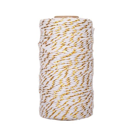 JijAcraft Corde de Noël en Coton, Blanc avec Fil doré, 2mm*100M, pour emballage, décoration et loisirs créatifs.