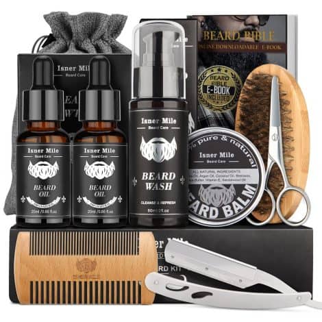 Kit de soins pour barbe Confortable pour hommes, idéal pour papa, mari, petit ami. Comprend shampoing, huile de croissance, baume, brosse, peigne et ciseaux pour la moustache.