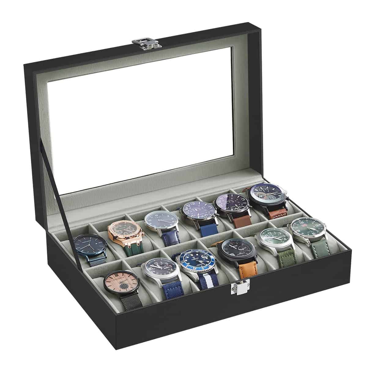 SONGMICS Boîte à Montres à 12 Emplacements, Coffret à Montres, Écrin, avec Couvercle en Verre, Coussinets Amovibles, Serrure en Métal, Revêtement en Noir et Doublure en Gris JWB12BK