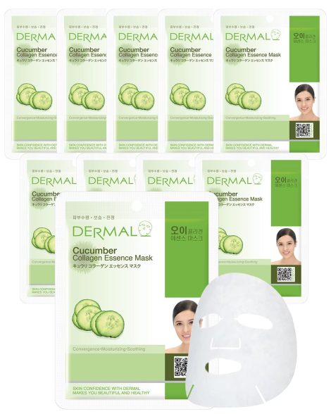 Masque Facial Coréen DERMAL au Collagène de Concombre : Hydrate, apaise et calme les rougeurs, les coups de soleil et les soins après-soleil.