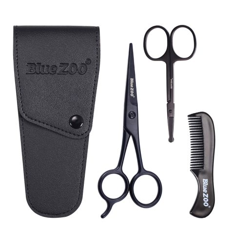 Ensemble d’accessoires pour homme avec étui pratique : ciseaux à barbe, ciseaux de nez, peigne à moustache (Noir).