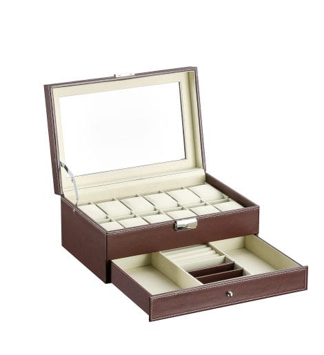 Boîte de rangement en bois pour montres et bijoux avec présentoir, dimensions 30 x 20 x 13 cm. (Braun-W79C)