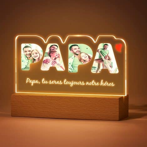 Lampe photo personnalisée pour papa, veilleuse enfant avec cadre lumineux. Idéale pour fête des pères, Noël et anniversaire. Parfaite décoration maison.