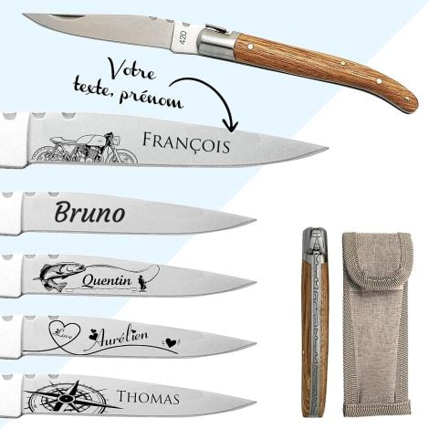 Couteau Laguiole personnalisé avec prénom gravé, manche frêne – Cadeau magique pour homme : fête des pères, Noël.