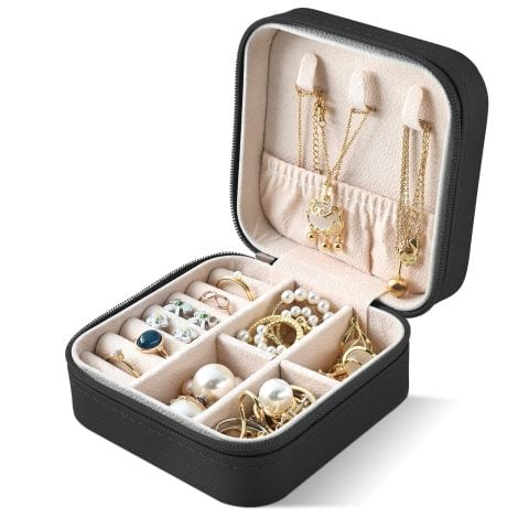 Coffret à bijoux de voyage pour femmes, filles, hommes et enfants, idéal pour ranger colliers, boucles d’oreilles et bracelets, couleur noir.