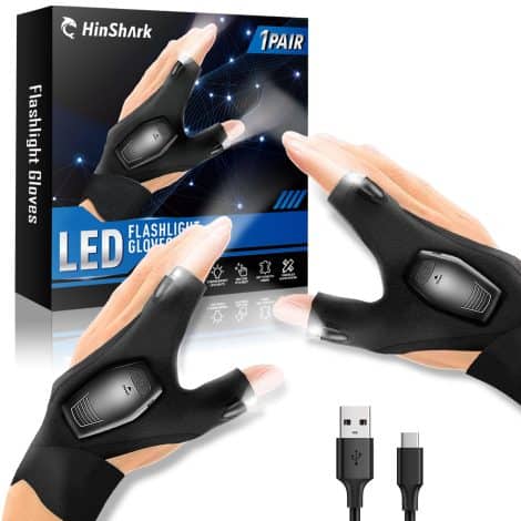 Idée de cadeau rechargeable avec des gants LED pour la pêche, pour homme ou femme, original et utile, pour Noël, anniversaire ou fête des pères.