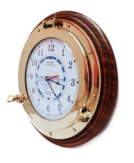 Montre maritime à marée avec hublot et base en bois – Décoration d’intérieur cadeau plage capitaine, bois blanc bleu noir rouge 25,4 cm.