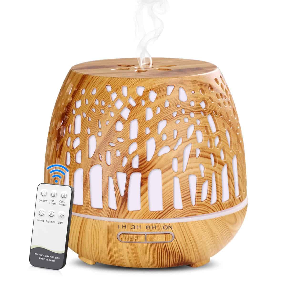 Simpeak Diffuseur d'Huiles Essentielles 400ml, Télécommande d'humidificateur Ultrasonique sans BPA avec Lumière LED à Couleurs Variables 3 Minuterie pour la Maison/Yoga/Bureau/Spa - Bois