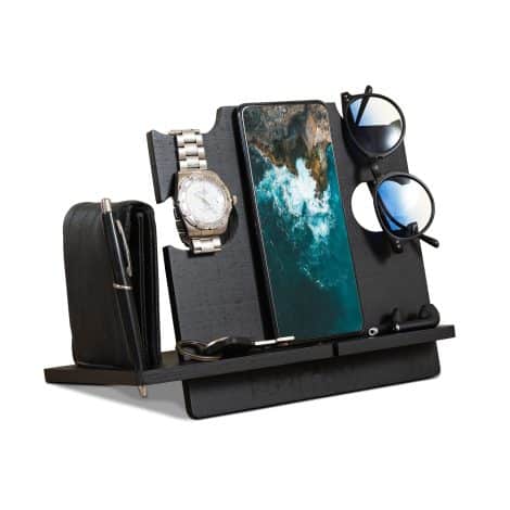 LAC Idée Cadeau Pour Homme à Noël – Organisateur de Bureau en Bois – Support de Téléphone Original – Cadeaux pour Papa (Noir)