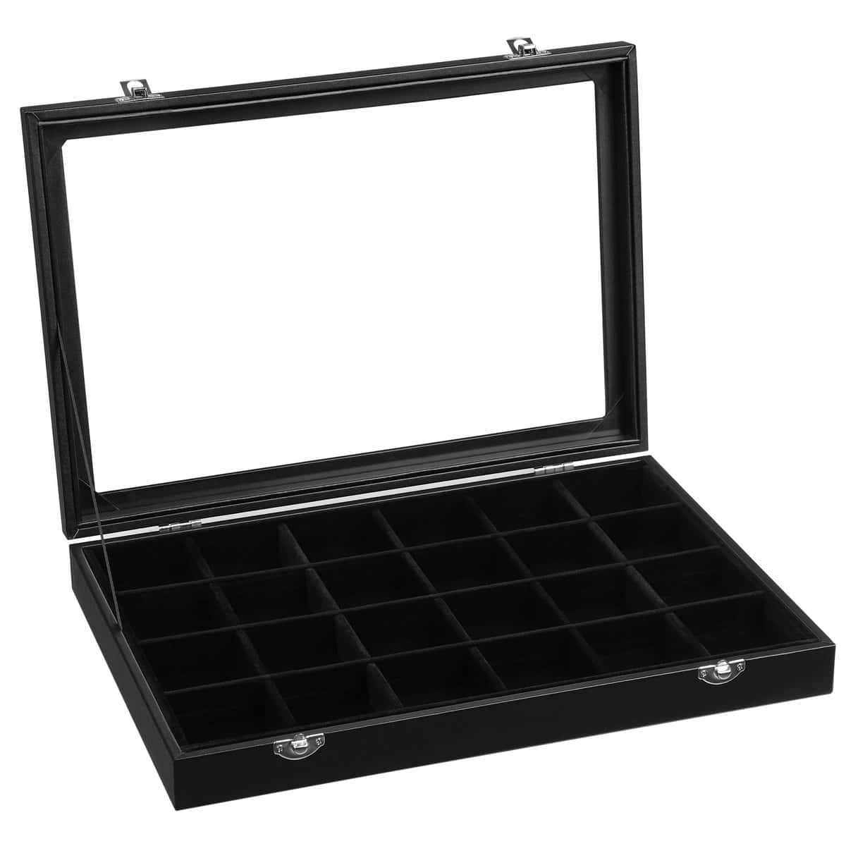 SONGMICS JDS303 Boîte à bijoux avec 24 compartiments, avec revêtement en velours, couvercle en verre et fermoir Noir 35 x 24 x 4,3 cm Idée de cadeau