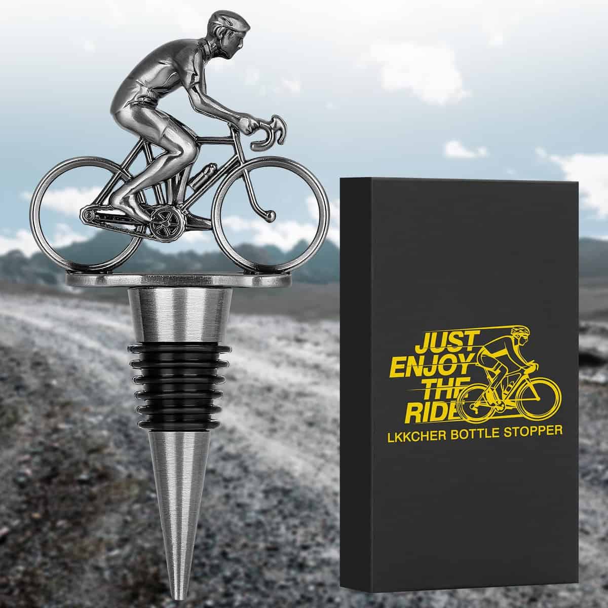 LKKCHER Bouchon Bouteille Vin de Vélo Argent, économiseur Vin, Idée Cadeau Homme, Cadeau de Fête des Pères, Cadeau de Noël Cadeau Anniversaire Homme pour Lui Papa Petit Ami Mari Grand-Père Cycliste